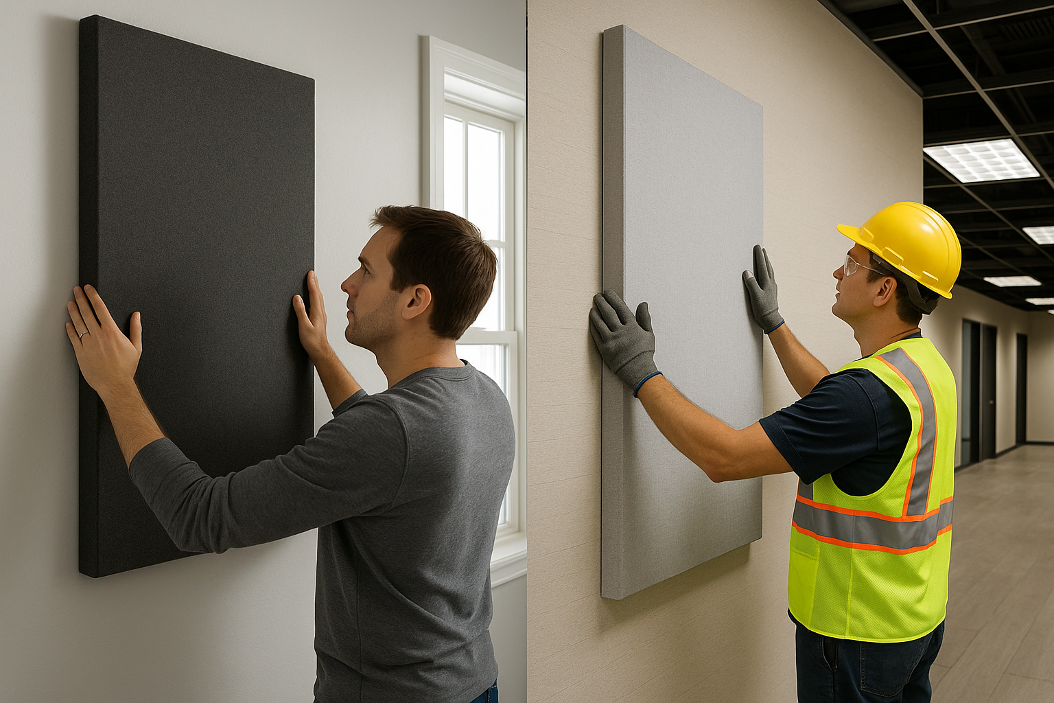 Photos of the installation process of acoustic panels in residential and commercial premises